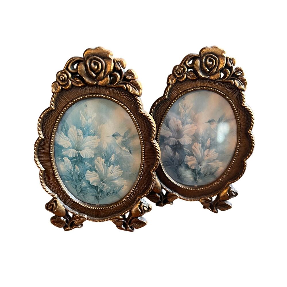 Vintage gold tone mini metal oval frames baroque victorian style set-2 easel leg